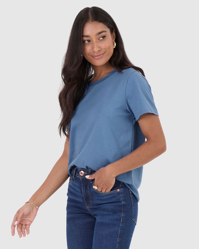 Blusa Básica Feminina Decote Redondo Com Pesponto Em Algodão