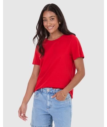 Blusa Básica Feminina Decote Redondo Com Pesponto Em Algodão