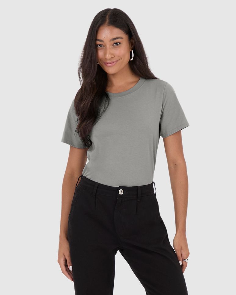 Blusa Básica Feminina Decote Redondo Com Pesponto Em Algodão