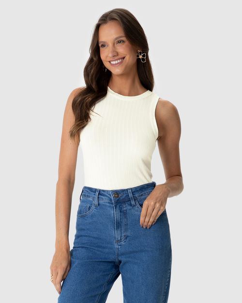 Regata Básica Feminina Long Cropped Em Malha Canelada De Viscose