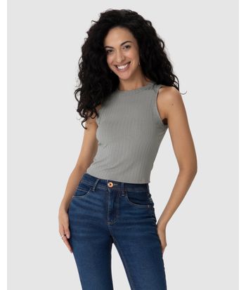 Regata Básica Feminina Long Cropped Em Malha Canelada De Viscose