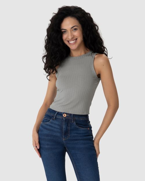 Regata Básica Feminina Long Cropped Em Malha Canelada De Viscose