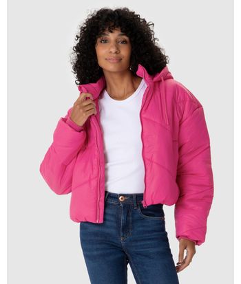 Jaqueta Feminina Puffer Cropped Com Capuz Em Nylon