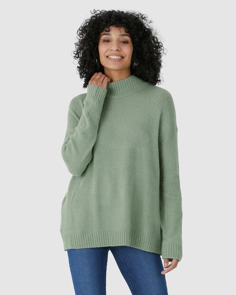 Suéter Feminino Oversized Gola Alta Manga Longa Em Tricô