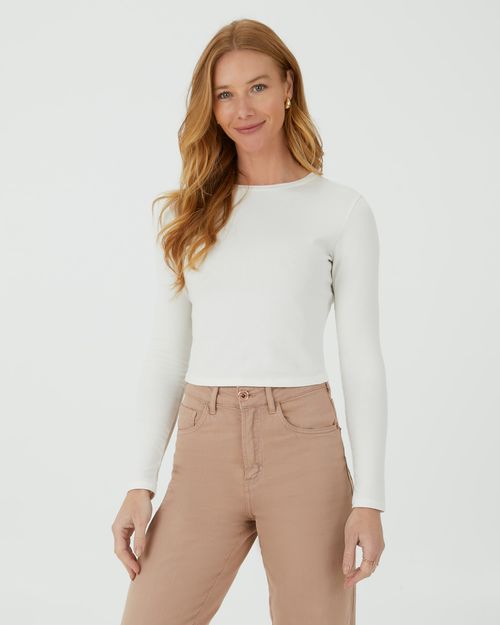 Blusa Cropped Feminina Decote Redondo Manga Longa Em Algodão