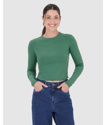 Blusa Cropped Feminina Decote Redondo Manga Longa Em Algodão