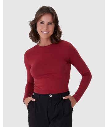 Blusa Cropped Feminina Decote Redondo Manga Longa Em Algodão