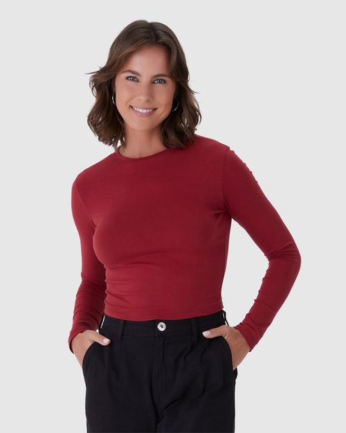 Blusa Cropped Feminina Decote Redondo Manga Longa Em Algodão