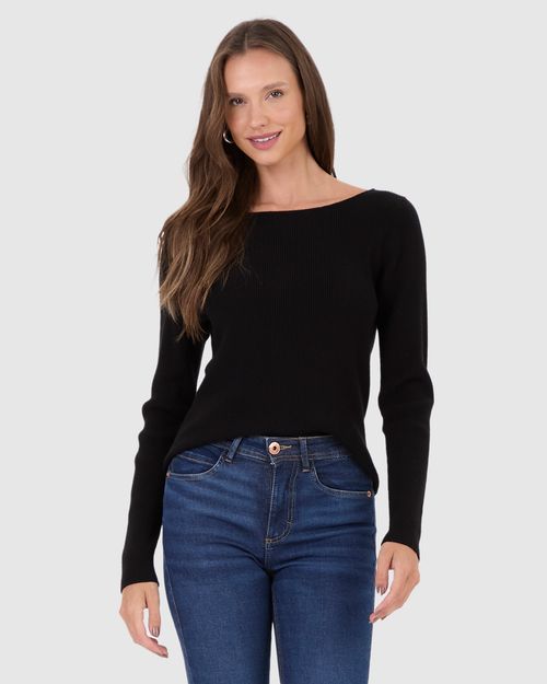 Blusa Feminina Decote Canoa Manga Longa Em Tricô