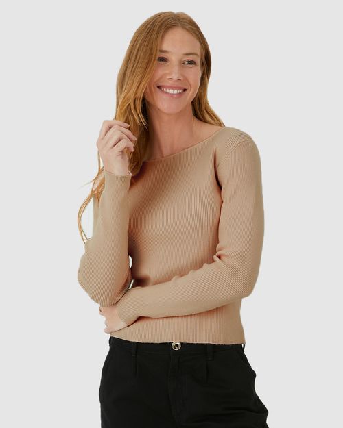 Blusa Feminina Decote Canoa Manga Longa Em Tricô