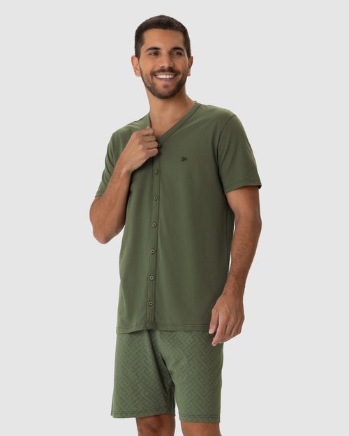 Pijama Masculino Camiseta Abertura Por Botões Em Algodão