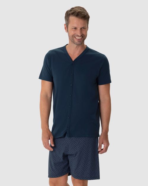 Pijama Masculino Camiseta Abertura Por Botões Em Algodão