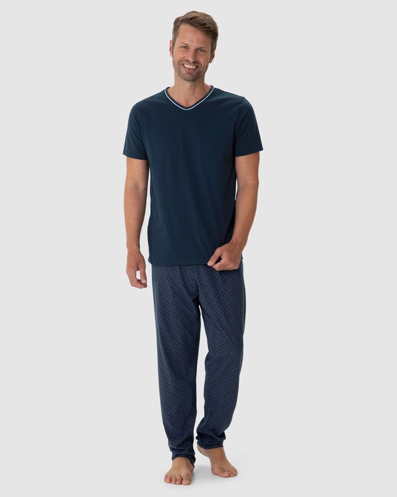 Pijama Longo Masculino Camiseta Gola V Em Algodão