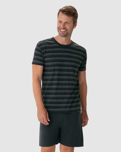Pijama Masculino Camiseta Gola Redonda Em Malha Listrada
