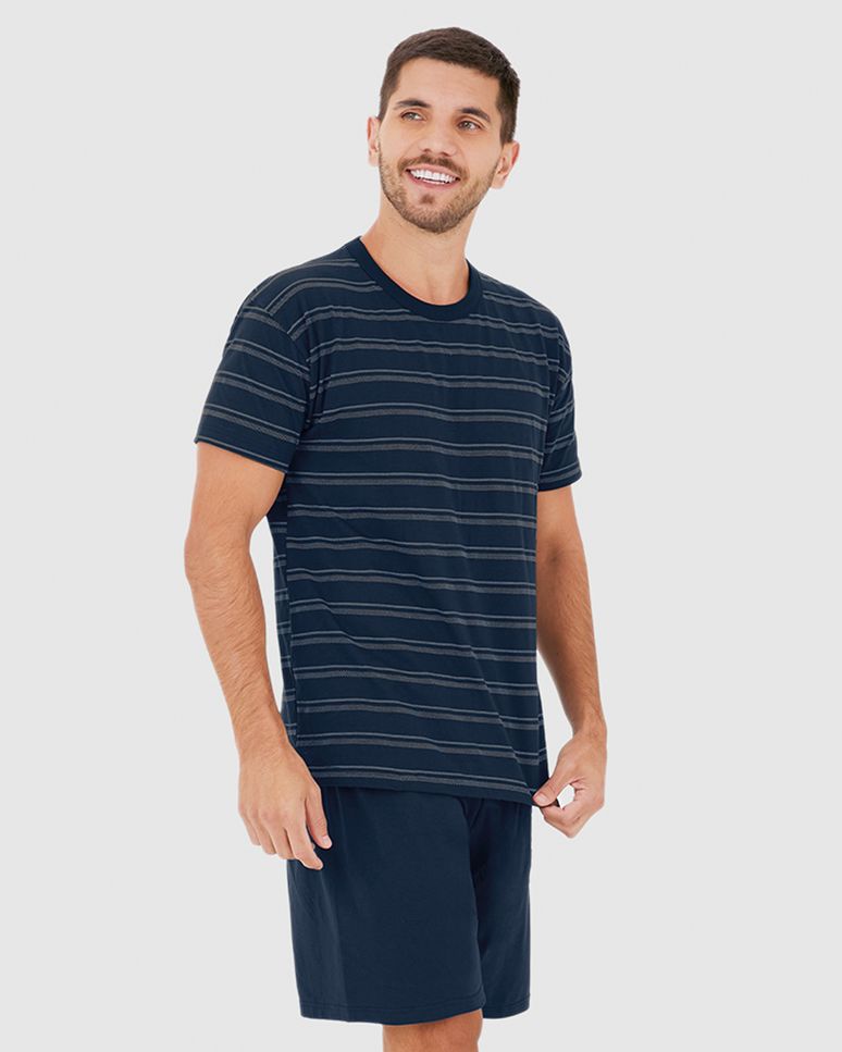Pijama Masculino Camiseta Gola Redonda Em Malha Listrada