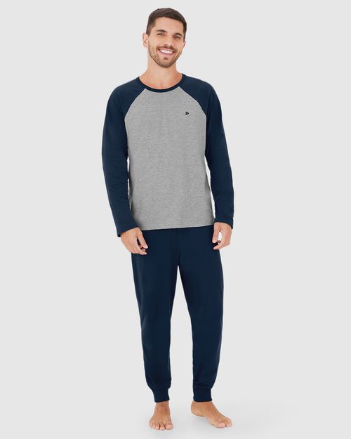 Pijama Longo Masculino Camiseta Manga Raglan Em Algodão
