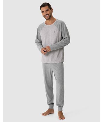 Pijama Longo Masculino Camiseta Manga Raglan Em Algodão