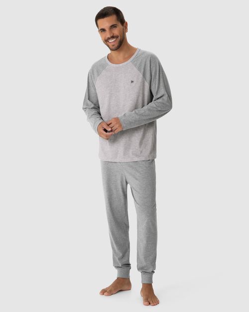 Pijama Longo Masculino Camiseta Manga Raglan Em Algodão
