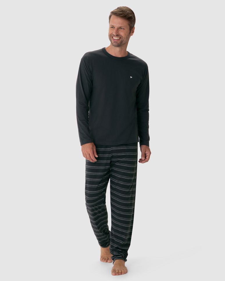 Pijama Longo Masculino Calça Em Malha Listrada