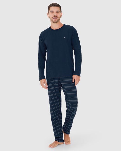 Pijama Longo Masculino Calça Em Malha Listrada