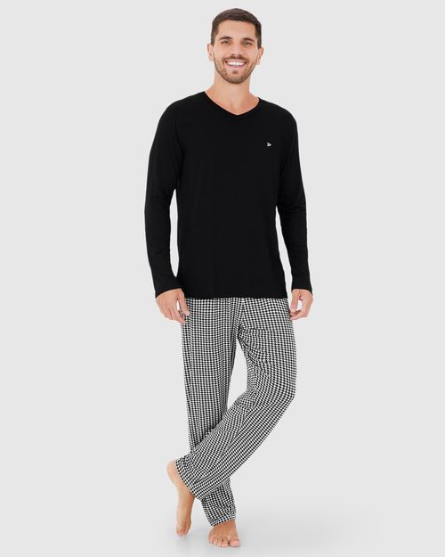 Pijama Longo Masculino Camiseta Manga Longa Botões Frontais Viscose Stretch