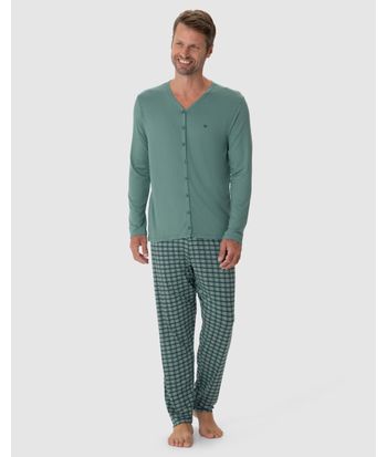 Pijama Longo Masculino Camiseta Manga Longa Botões Frontais Viscose Stretch
