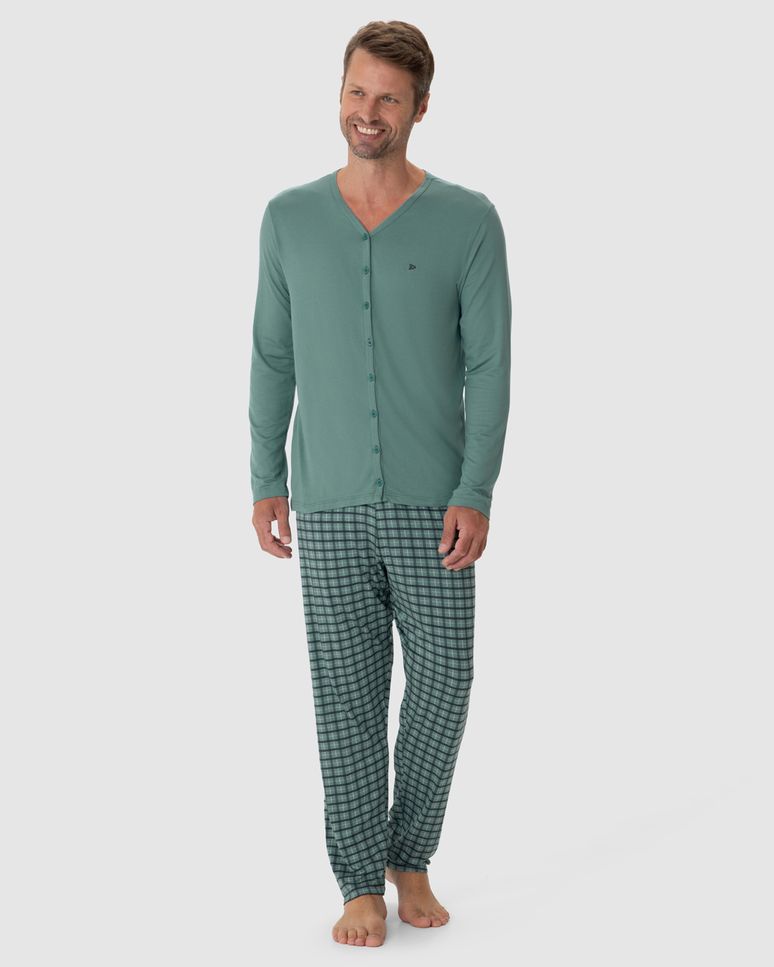 Pijama Longo Masculino Camiseta Manga Longa Botões Frontais Viscose Stretch