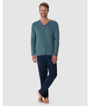 Pijama Longo Masculino Camiseta Manga Longa Botões Frontais Viscose Stretch