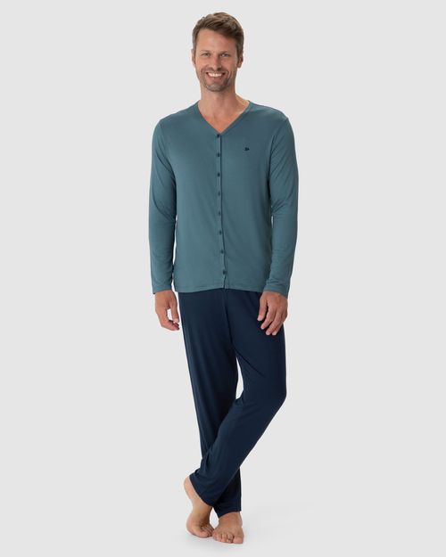 Pijama Longo Masculino Camiseta Manga Longa Botões Frontais Viscose Stretch