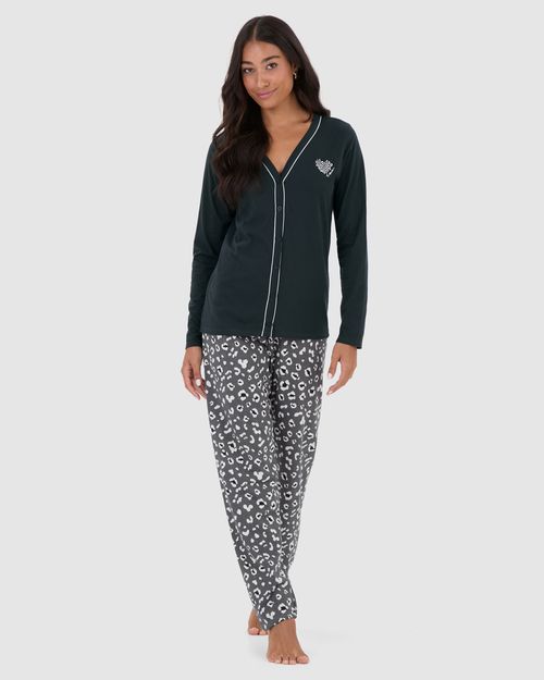 Pijama Longo Feminino Blusa Manga Longa Abertura Por Botões Em Algodão