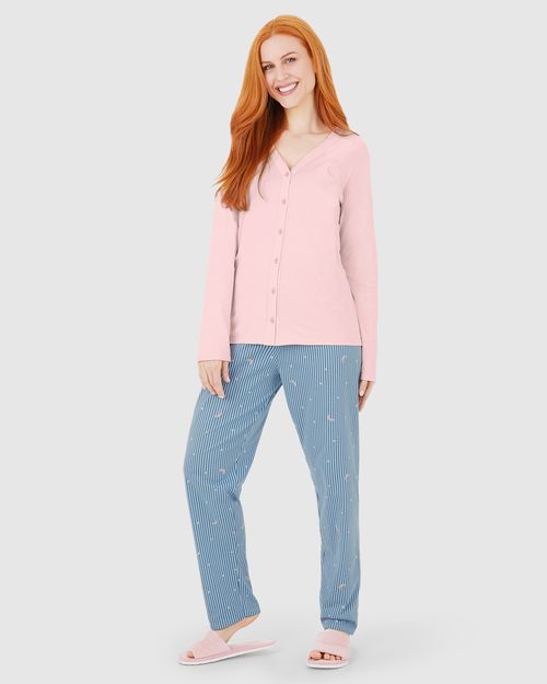 Pijama Longo Feminino Blusa Manga Longa Abertura Por Botões Em Algodão