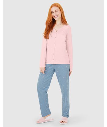 Pijama Longo Feminino Blusa Manga Longa Abertura Por Botões Em Algodão