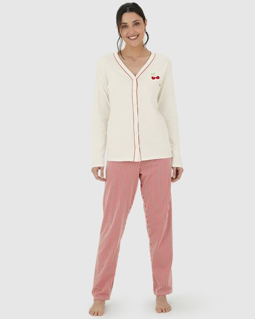 Pijama Longo Feminino Blusa Manga Longa Abertura Por Botões Em Algodão