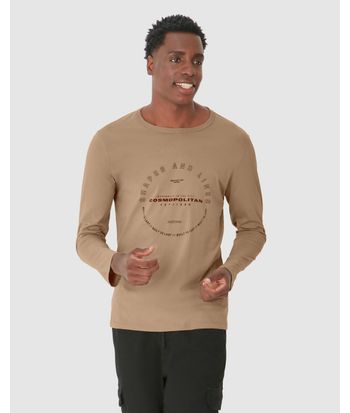Camiseta Masculina Manga Longa Com Estampa Frontal Em Algodão