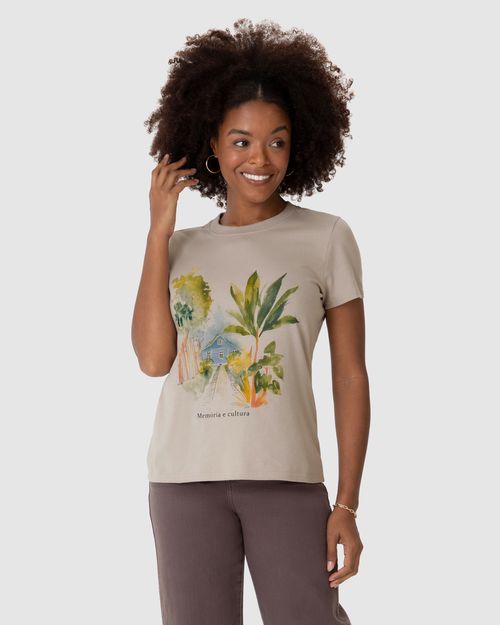 Camiseta Feminina Manga Curta Estampa Frontal Ilustrativa Em Algodão