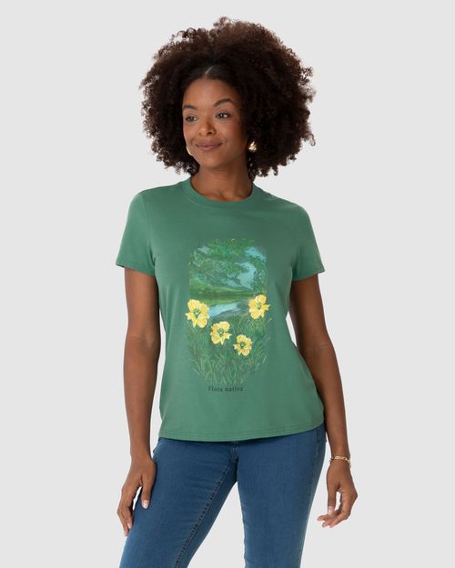 Camiseta Feminina Manga Curta Estampa Frontal Ilustrativa Em Algodão