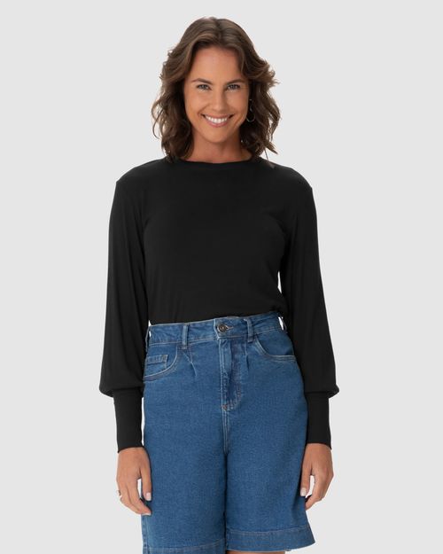 Blusa Feminina Manga Longa Volumosa Em Malha Viscose Canelada