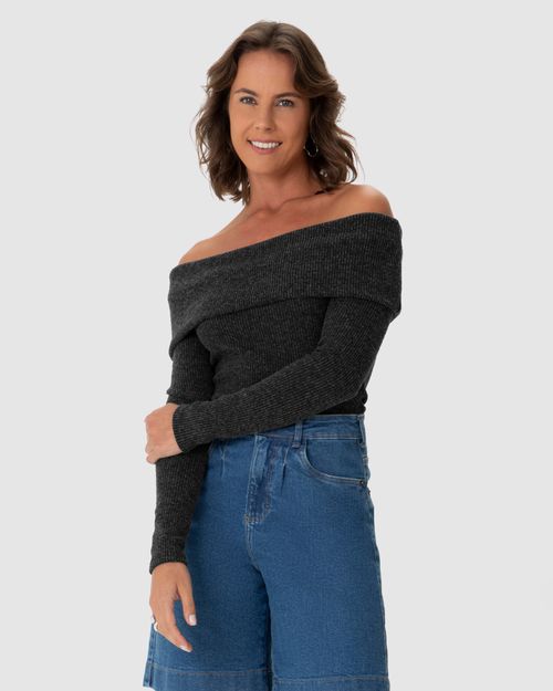 Blusa Feminina Decote Ombro A Ombro Manga Longa Em Tricô Rajado Flanelado