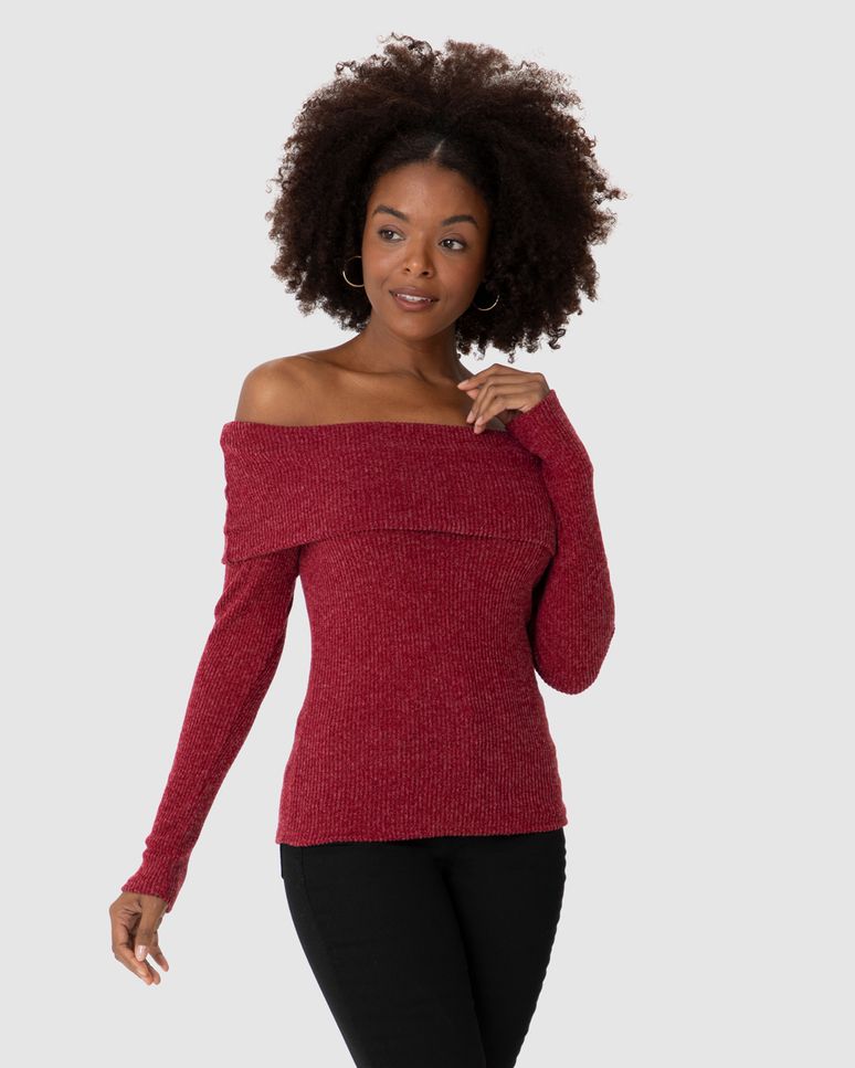 Blusa Feminina Decote Ombro A Ombro Manga Longa Em Tricô Rajado Flanelado