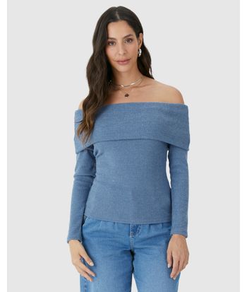 Blusa Feminina Decote Ombro A Ombro Manga Longa Em Tricô Rajado Flanelado