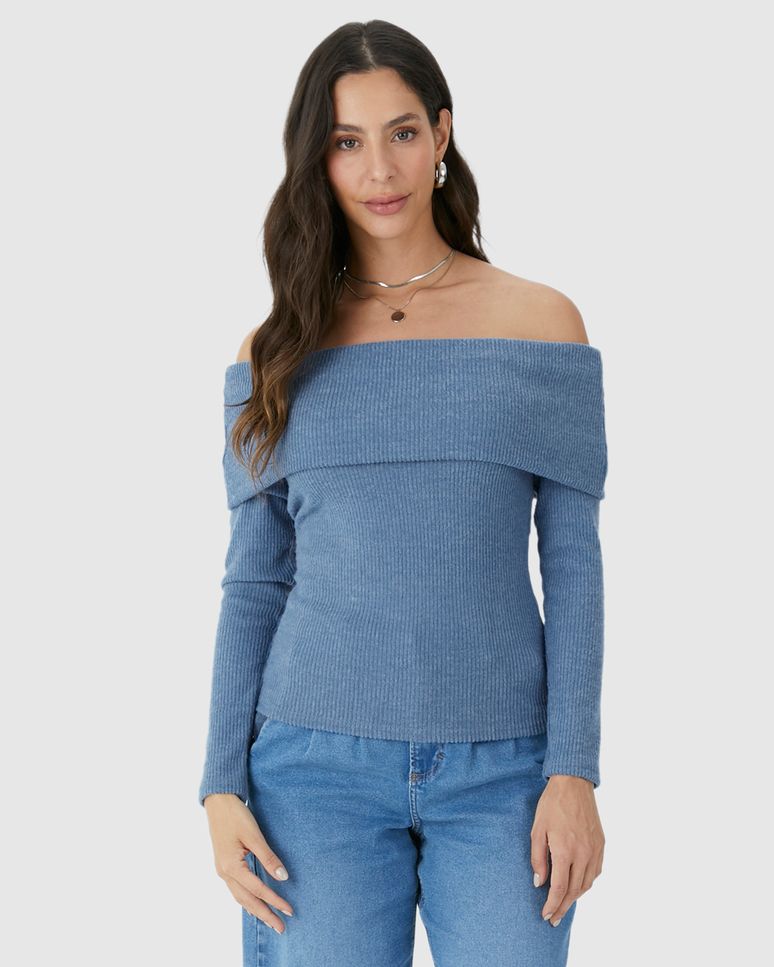 Blusa Feminina Decote Ombro A Ombro Manga Longa Em Tricô Rajado Flanelado