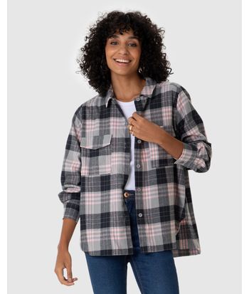 Camisa Feminina Xadrez Bolso Frontal Em Tecido Flanelado