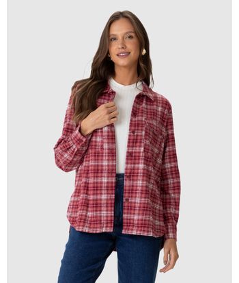 Camisa Feminina Xadrez Bolso Frontal Em Tecido Flanelado
