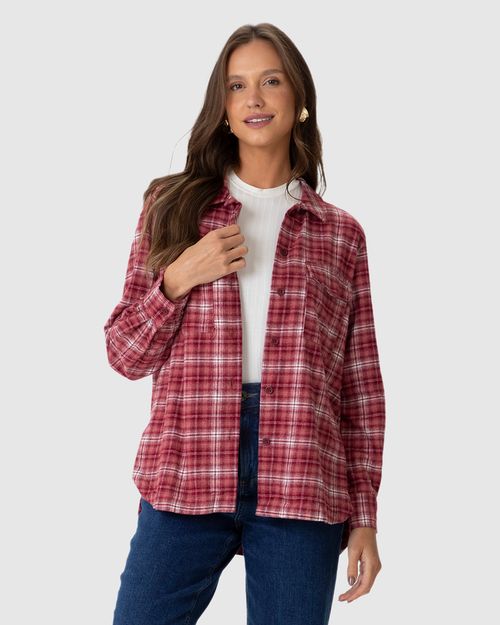 Camisa Feminina Xadrez Bolso Frontal Em Tecido Flanelado