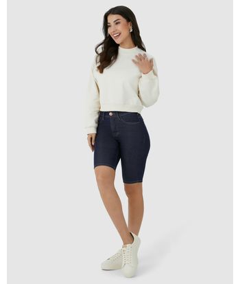 Bermuda Feminina Ciclista Cintura Média Em Jeans Com Elastano
