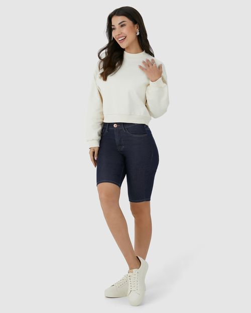 Bermuda Feminina Ciclista Cintura Média Em Jeans Com Elastano