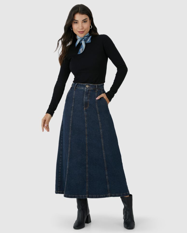 Saia Midi Feminina Evasê Recortes Frontais Em Jeans Com Elastano