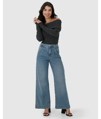 Calça Wide Leg Feminina Pregas Frontais Em Jeans Com Elastano