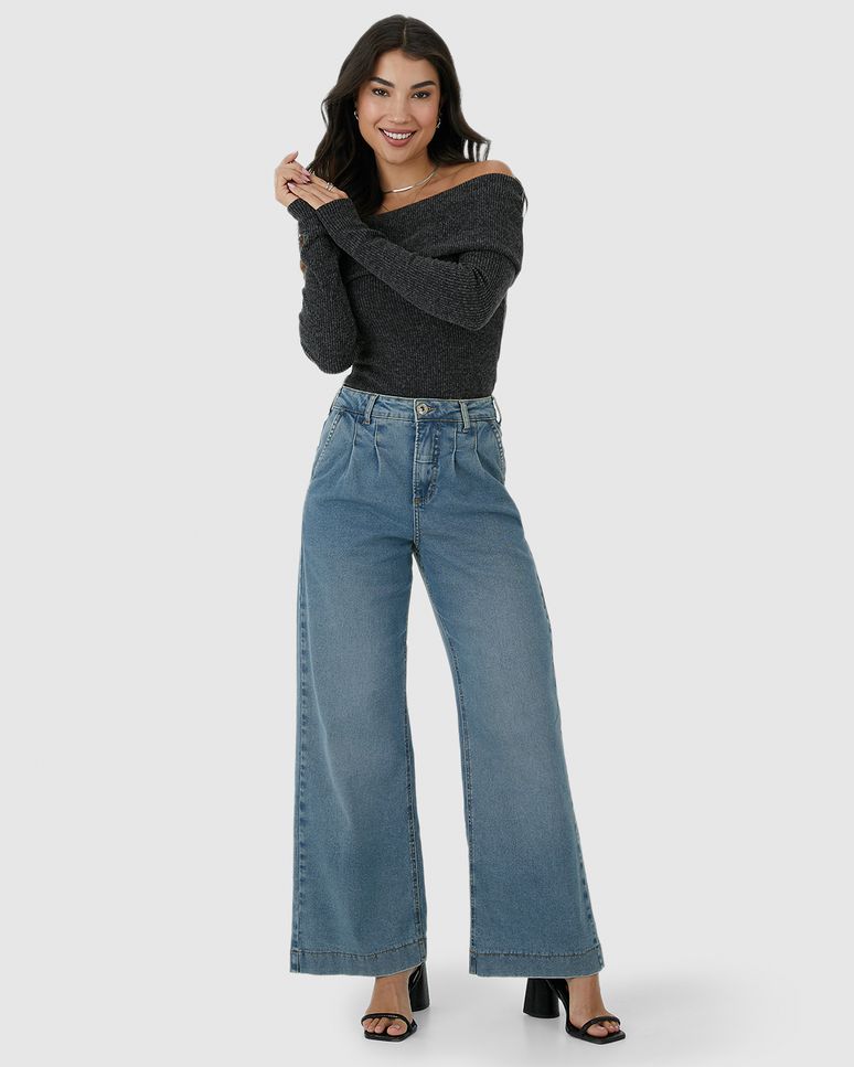 Calça Wide Leg Feminina Pregas Frontais Em Jeans Com Elastano