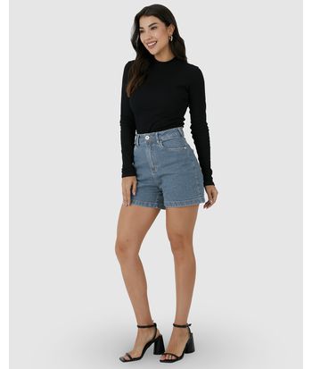 Shorts Feminino Mom Bolso Funcional Em Jeans Com Elastano